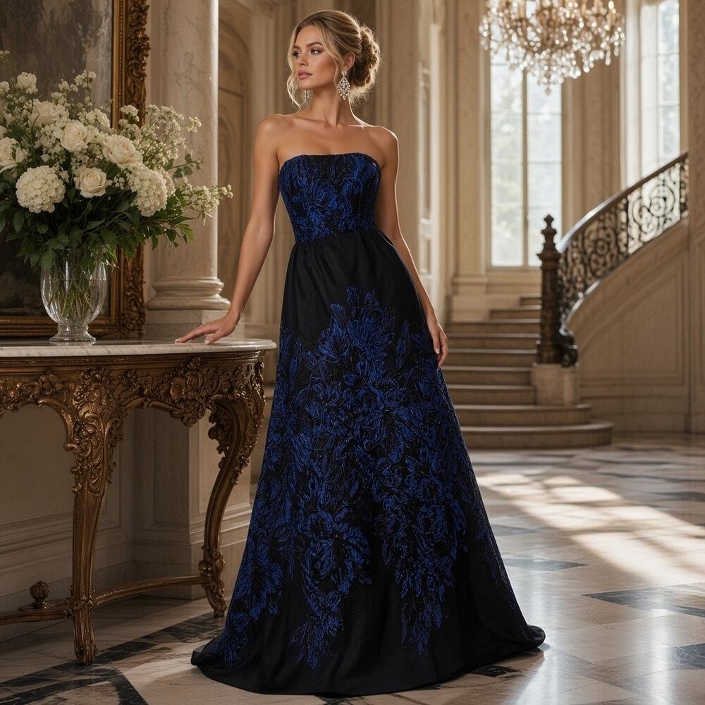 Dress the Population Evening Gown – Size M – NWT – Black/Blue Floral